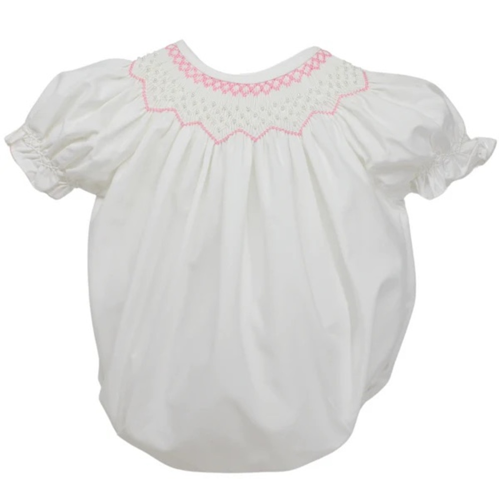Girls White Pink Smocked Bubble Romper Outfit with Pearls NWT